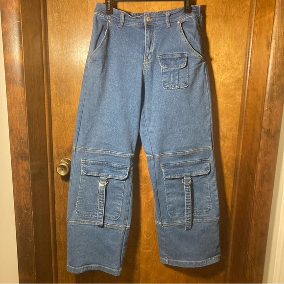 Forever 21 Jeans Women’s Sz Large Cargo Blue Wide Leg Y2K Grunge Denim - Picture 1 of 6